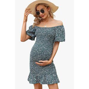 Funjuly Women's Ruffle Hem Maternity Square Neck Off Shoulder  Dress Size L